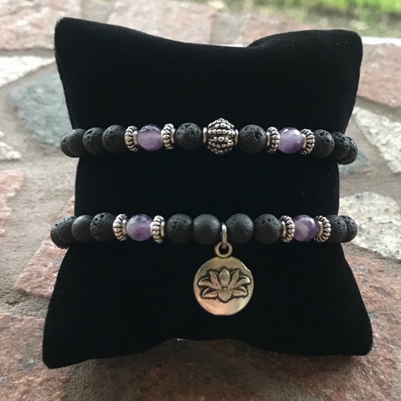 Amethyst lotus bracelet .Lava rock beads & amethyst gemstones lotus flower charm - Picture 3 of 9